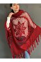 Knitted Tricot Motifed Tasseled High Neck Poncho Shawl - 4