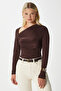 Women's True Bodycon Side Gathered Neckline Detailed Soft Stretchy Fabric Bitter Brown Blouse - 5