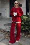 Red Uma Intersiye Striped Slit Oversize Sweater-Pants Women's Knitwear Top-And-Bottom Set