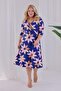 Women's Navy Blue Lotus Pattern Double Breasted Collar Elastic Waist Plus Size Dress