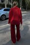 Red Stand Collar Long Back Sweater-Pants Women's Knitwear Bottom Top Set - 5