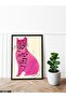 Pink Cat with Orange Eyes One Piece Painting with Black Wooden Frame - 2