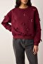 Bordo Kurdele Detaylı Kalın İçi Polarlı Örme Sweatshirt TWOAW26SW00240 - 3