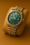 Men's Steel Wristwatch - Emerald Green Roman Dial, Dual Calendar, Gold and Silver Band - Special Boxed