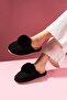 Poffina Black Pompom Detailed Silent Sole House Slippers