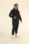Men's Black Winter Fleece-Lined Soft Textured Kangaroo Pocket K Hooded Elastic Leggings Tracksuit Set - 8