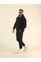 Men's Black Winter Fleece-Lined Soft Textured Kangaroo Pocket K Hooded Elastic Leggings Tracksuit Set