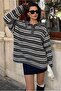 Anthracite Polo Collar Striped Women's Knitwear Sweater Mg2469 - 2