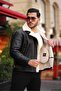 Men's Napa Leather Cross-Zip Full Fur-Lined High-Quality Slim Fit Black-Cream Coat & Jacket - 4