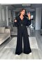 Women's Black Belted Modal Fabric Two-Piece Set – Wide-Leg Pants and Zippered Top 7538 - 5