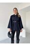 Women's Navy Blue Judge Collar Belted Cashmere Poncho 15732 - 2