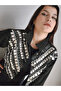Women's Design Denim Jacket with Stone Embellishment Detail Black O Oversized Denim Coat - 8