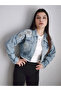 Women's Design Denim Jacket with Stone Embellishment Detail Blue O Oversized Denim Coat - 6