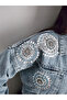 Women's Design Denim Jacket with Stone Embellishment Detail Blue O Oversized Denim Coat - 4