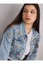 Women's Design Denim Jacket with Colorful Stones and Embroidery Detail C Cropped Zippered Denim Coat - 5