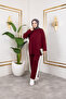 Women's Burgundy Crew Neck Side Stripe and Bottom-Top Two-Piece Set with Trouser Pockets - 3