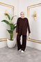 Women's Brown Crew Neck Side Stripe and Bottom-Top Two-Piece Set with Trouser Pockets - 3