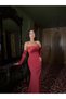 Burgundy Satin Sleeve Detailed Stone Printed Dress - 2