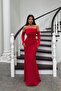 Red Satin Sleeve Detailed Stone Printed Dress
