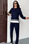 Women's Side Slit Slim Sh Striped Detail Long Sleeve Sweatshirt Modal Set - 4