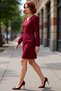 Women Burgundy Bodycon V Neck Balloon Sleeve Long Sleeve Woven Mini Dress Plus Size Chic Casual Quality