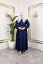 Women's Buttoned Lace Collar Navy Blue Denim Dress - 3