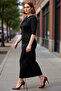 Women's Plus Size Black Plain Pattern Knot Detail Asymmetrical Neckline Maxi Length Knitted Dress Casual Chic