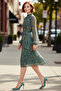 Women's Shawl Patterned Lined Flounced Chiffon Midi Dress Mock Neck Long Balloon Sleeves A-Line Quality