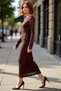 Women's Feminine Bodycon Boat Neck Maxi Long Sleeve Lined Lace Knitted Stylish Evening Dress Good Quality