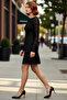 Black Flocking B Printed Bodycon Mini Knitted Dress for Women Spanish Sleeve Boat Neck Design