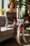 Women's Carmen Collar Long Sleeve Midi Length Plain Shift Knit Dress Spring Autumn Chic - 2
