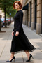 Women's Black Bodycon Boat Neck Long Sleeve Lined Maxi Length Asymmetrical Tulle Detailed Knitted Dress