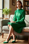 Beige Color A-Line Balloon Sleeve D Mock Neck Acrylic Knitwear Mini Dress Winter Combinations for Women. - 2