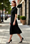 Women's a Line Cut Short Sleeve Polo Neck Belted Midi Dress Half Placket Button Interlock Woven