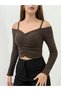 New Season Women's V-Neck Gathered F Corded Fabric Off-The-Shoulder Knitwear Blouse - 5
