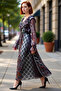 Women's Shawl Patterned V-Neck Balloon Sleeve Lined Maxi Skater Dress Offers Everyday Elegance. Good Quality