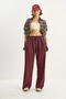 Women's Burgundy Elastic Waist Ribbed Palazzo Trousers with Pocket Detail 207 60283671 - 2
