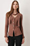 Women's Light Brown V-Neck Front Button Shawl Detail Soft Textured Cardigan Arm-26K001032