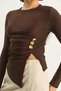 Women's Brown Crew Neck Asymmetrical Cut Ribbed Blouse with Accessory Detail 2279 60283703 - 5