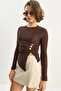 Women's Brown Crew Neck Asymmetrical Cut Ribbed Blouse with Accessory Detail 2279 60283703