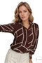 Women's Brown Geometric Striped Viscose Long Sleeve Plus Size Shirt - 4