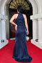 Glitter Fabric Halter Neck Evening Dress - Dark Blue - 5