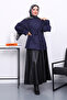 Navy Blue Sleeve Epaulettes Lined Suede Jacket - 2