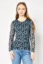 Women Round Neck Long Sleeve Allover Print Top, Multicolor