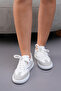 White Gray Flat-Soled Lace-Up Women's Sneakers
