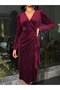 Women's Long Sleeve Double Breasted Collar Side Gathered Midi Velvet Dress