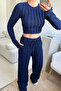 Navy Blue Winter Premium Corded Fabric Finger Snap Crop Blouse Wide Leg Pants Set - 3