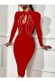 Women's Long Sleeve Turtleneck Stone Drop Detail Midi Imported Crepe Dress