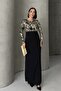 Black Gold Patterned Long Sleeve Stylish Maxi Evening Dress