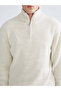 Beige Zippered Stand Collar Men's Knitwear Sweater - 3